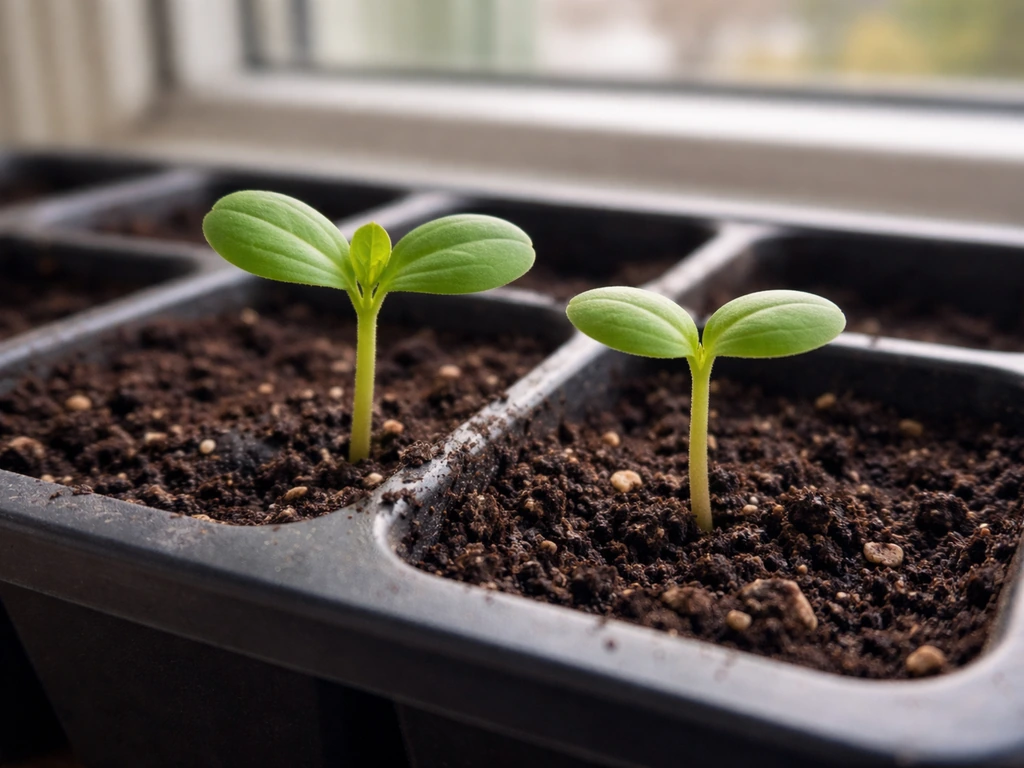 Seedlings in a tray showing cotyledons on one and two true leaves on another, transplant-ready moment.