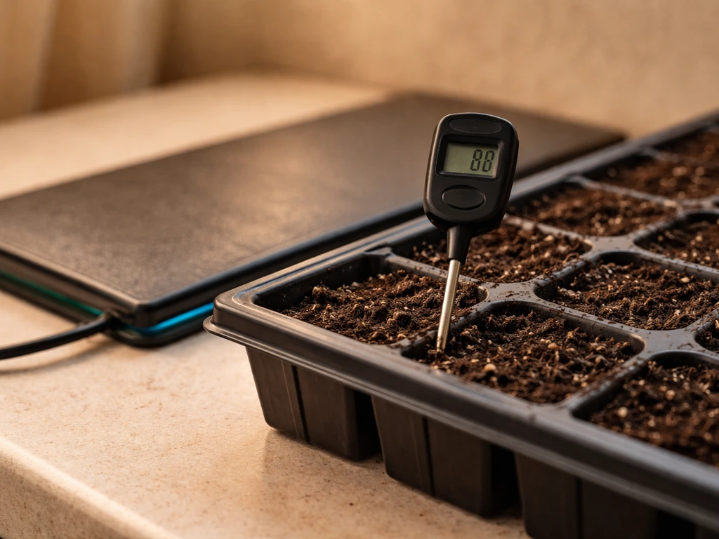 Soil thermometer probe checking seed-starting tray temperature beside a propagation heat mat.