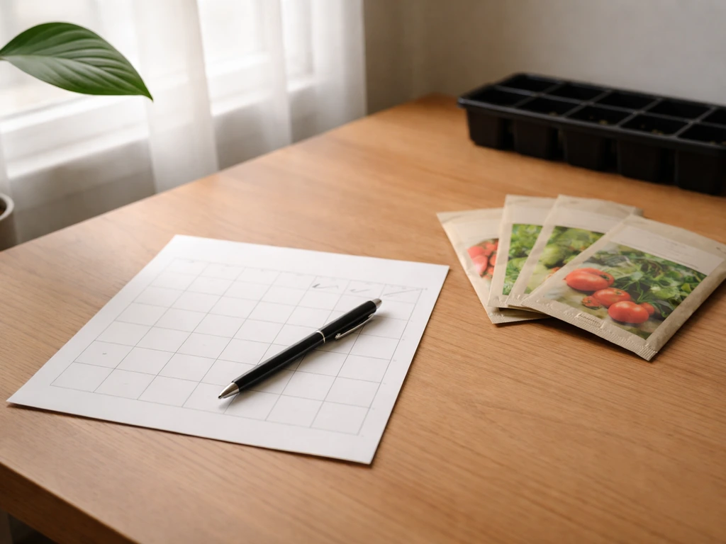 Indoor table with a printed planting calendar, pen notes, and seed packets for calculating seed start date.