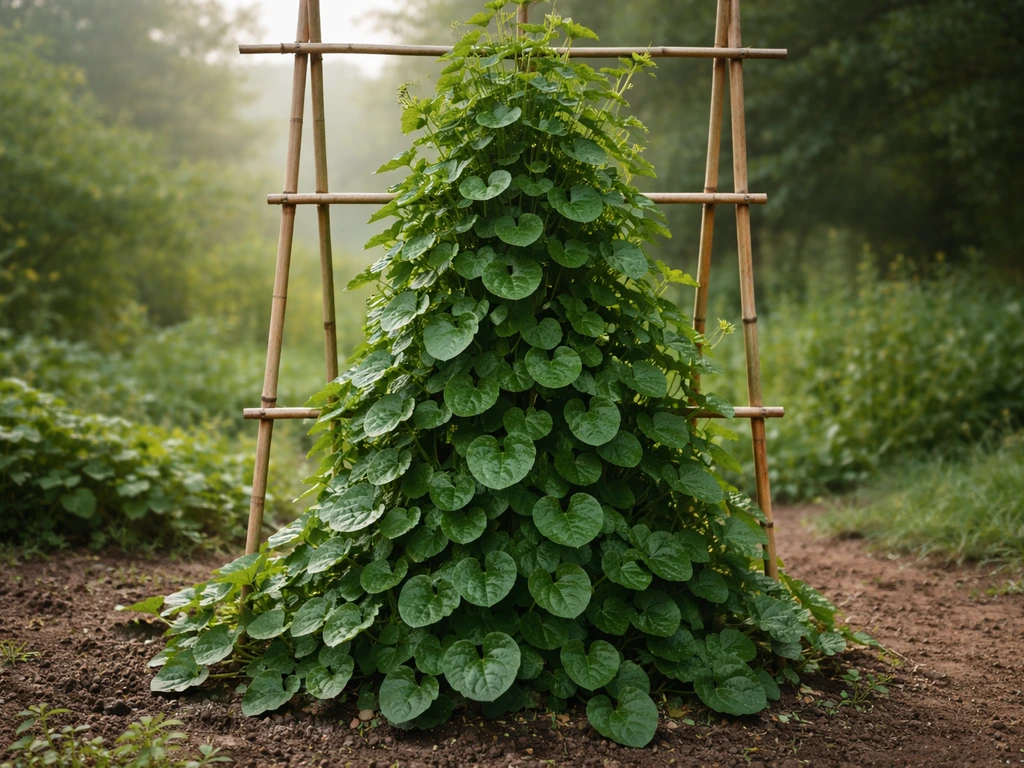 Lush Malabar spinach vine climbing a trellis with fresh green leaves ready to harvest.