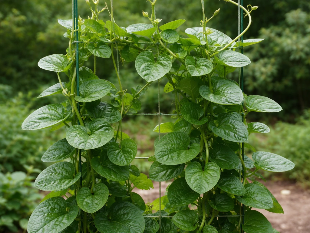 Mature Malabar spinach vine climbing a trellis, lush leaves in peak harvest stage.