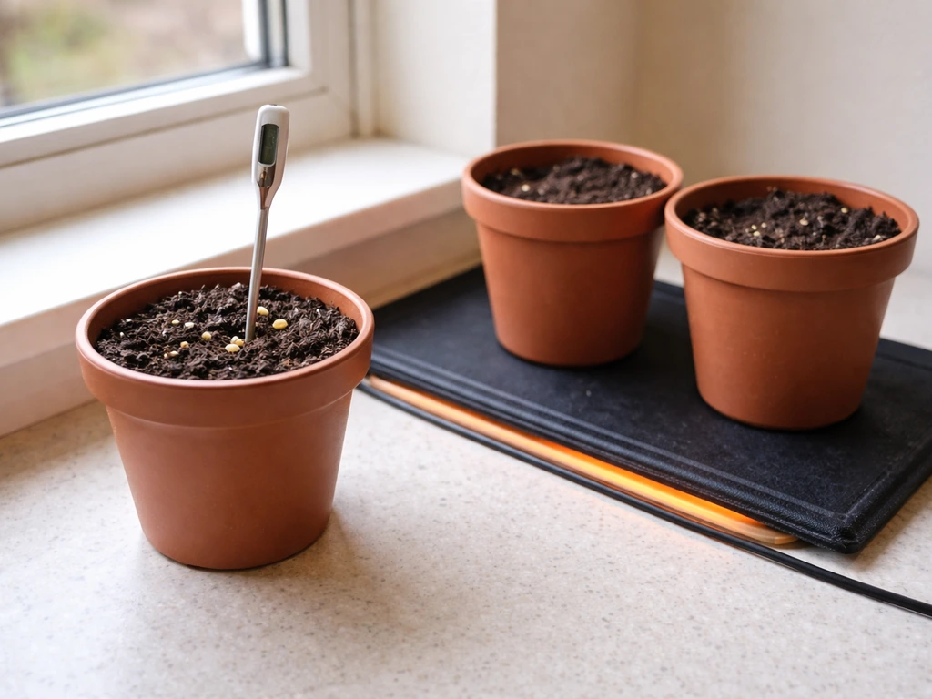 Thermometer probe in seed-starting soil next to pots on a seedling heat mat