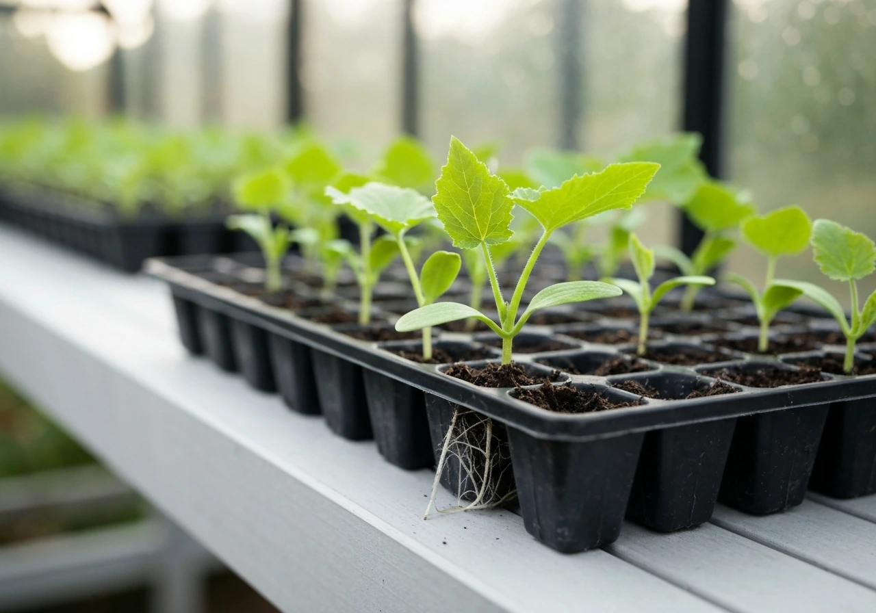 Close-up of healthy green seedlings in a seed tray, ready for transplanting