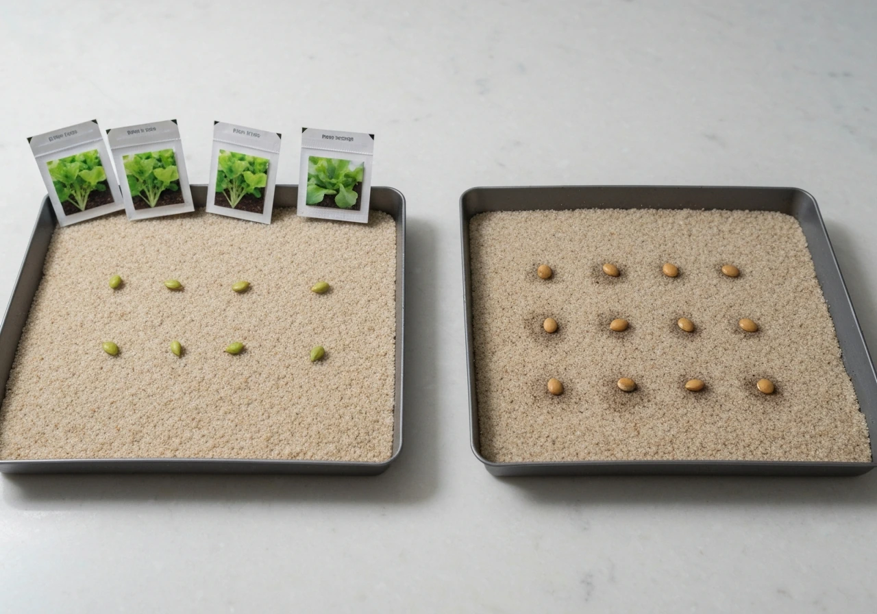 Two seed trays side by side showing exposed surface seeds vs lightly covered seeds.
