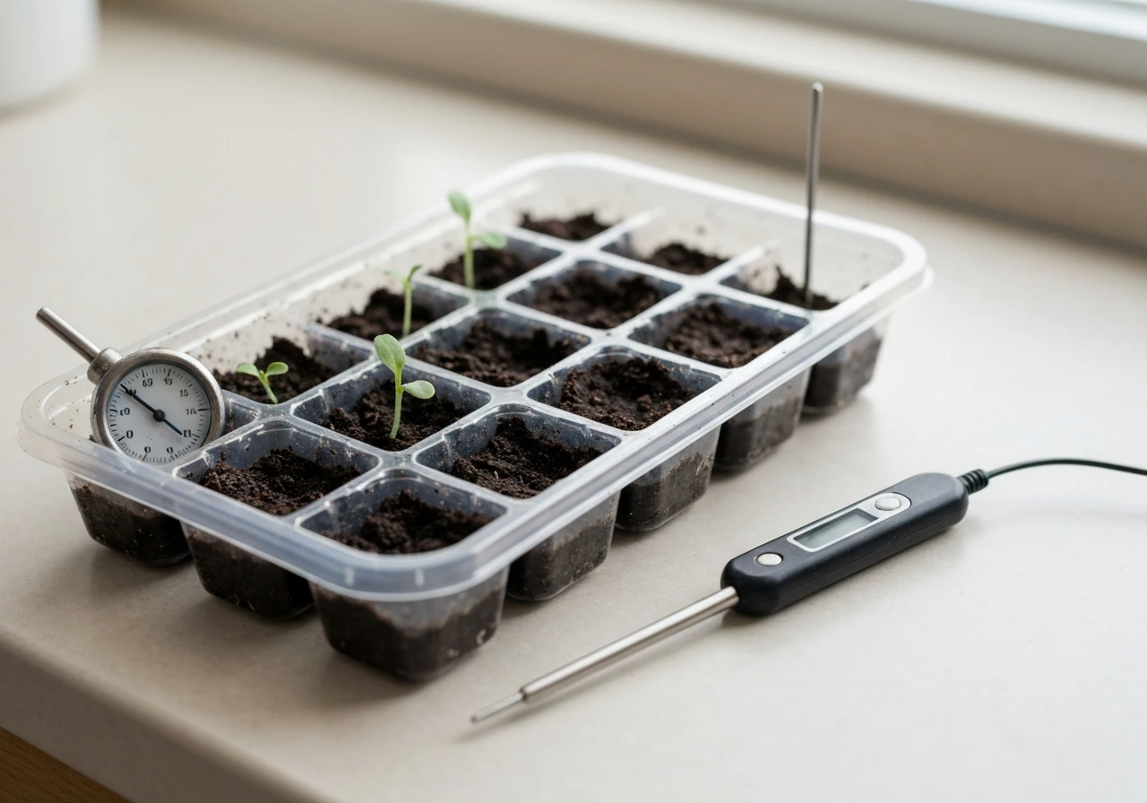 Seed tray with uneven sprouts beside a moisture probe and small thermometer probe on a counter.