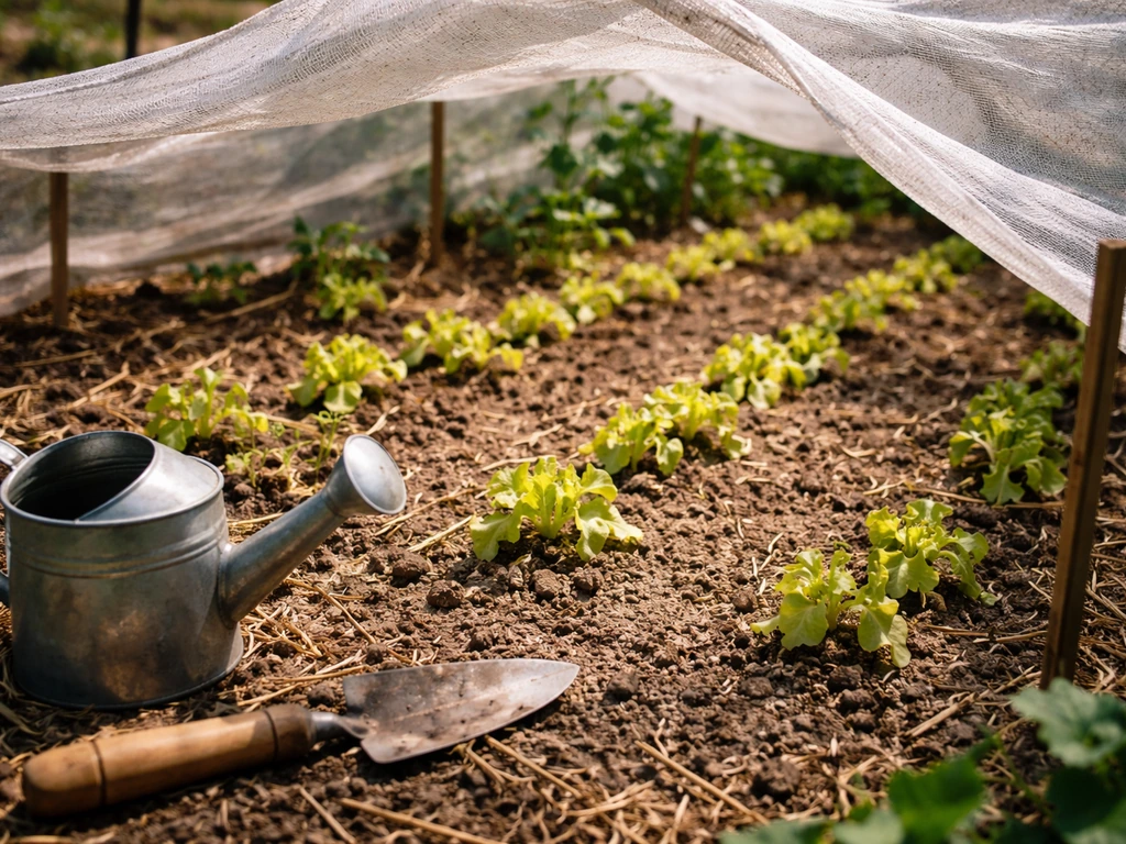 Wilted lettuce seedlings in a hot garden bed, protected by shade cloth with dry, cracked soil