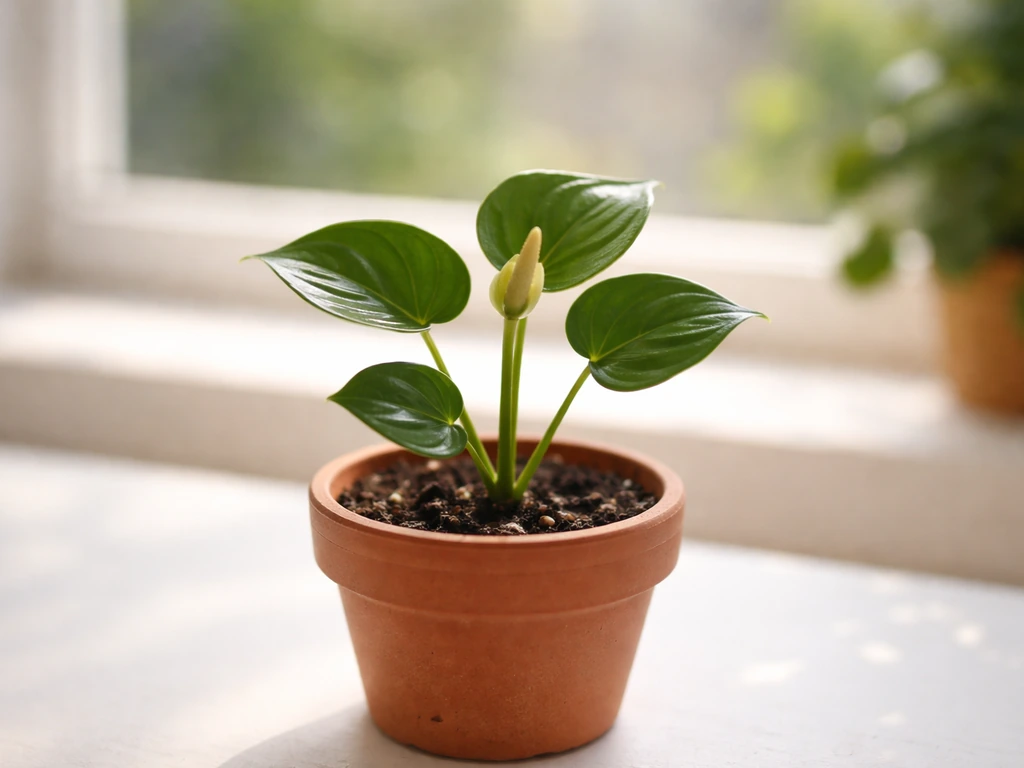 An anthurium seedling in a terracotta pot near blooming, growing on a sunny windowsill.