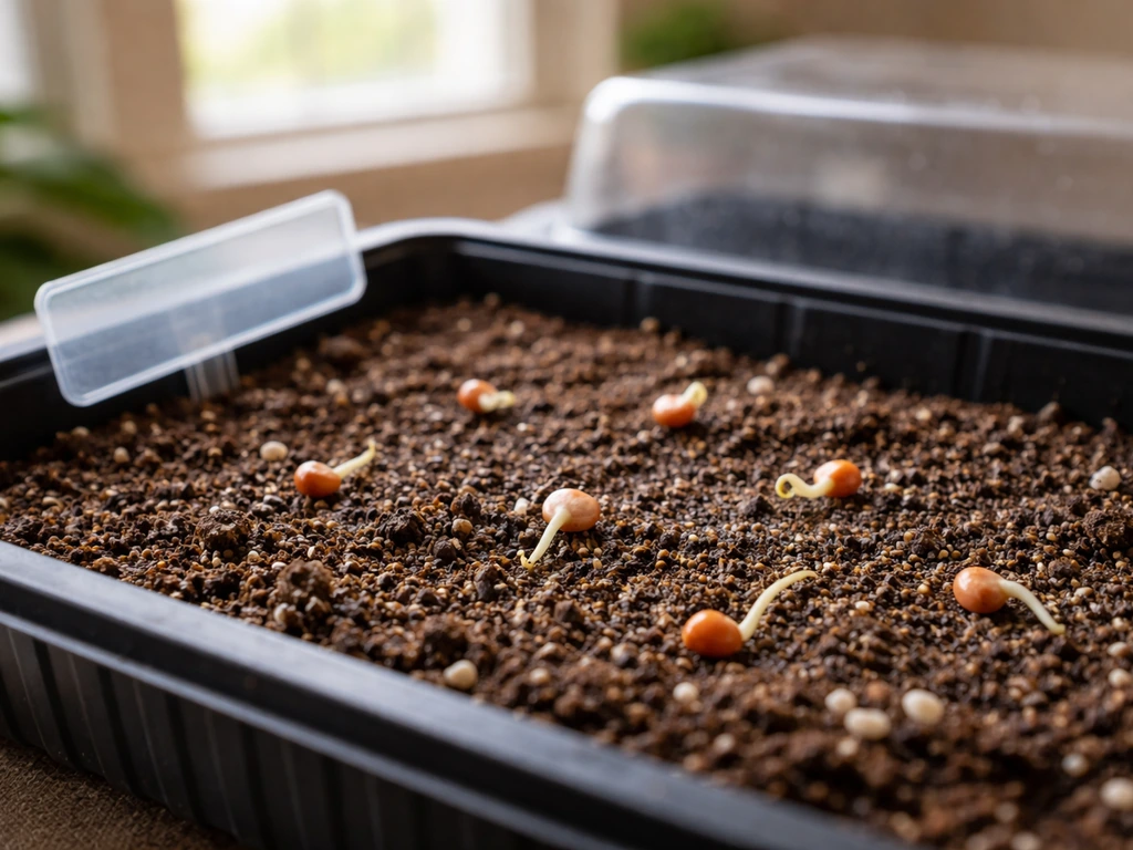 Anthurium seeds in a propagation tray with clear germination roots showing in a warm indoor setting