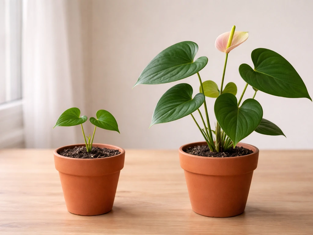 Two anthurium plants in simple pots, one small seedling stage and one later with first blooms.