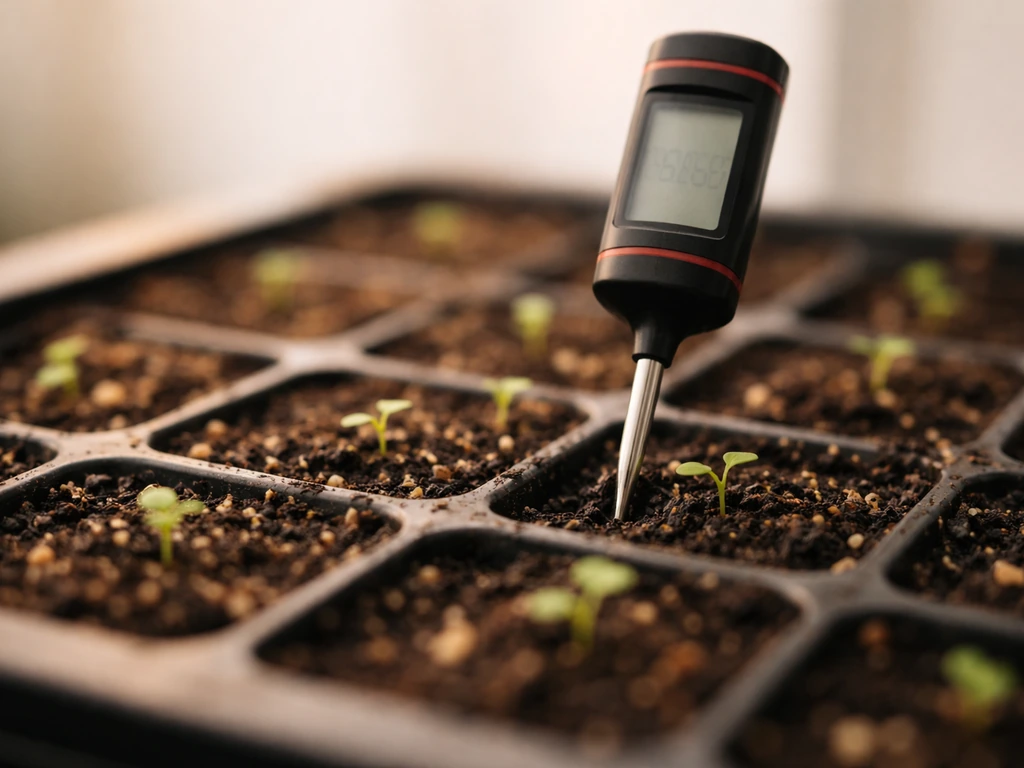 Close-up of a digital thermometer probe touching soil surface beside seedlings under warm greenhouse light.
