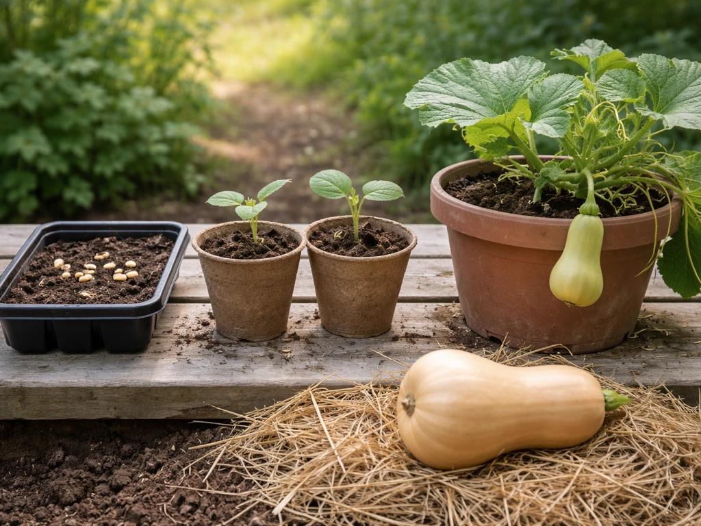Butternut squash seeds, seedlings, vining plant, and a harvested squash arranged on a bench.