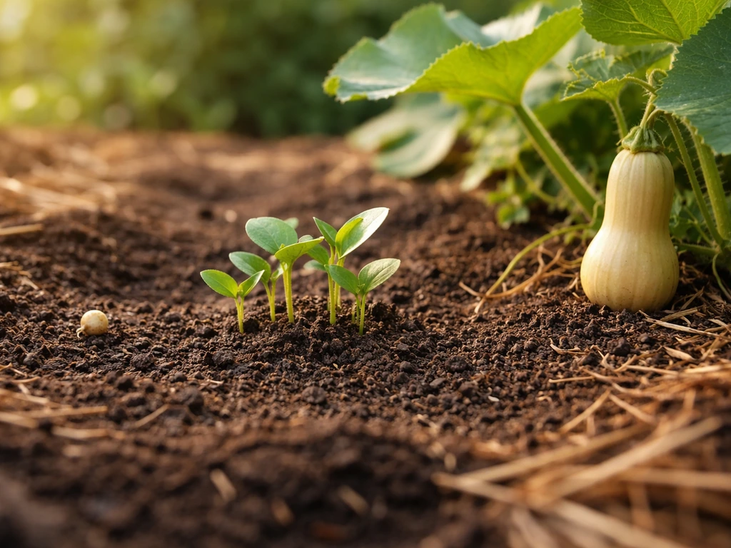 Butternut squash seedlings sprouting in warm soil with a simple pathway from sprout to mature squash.
