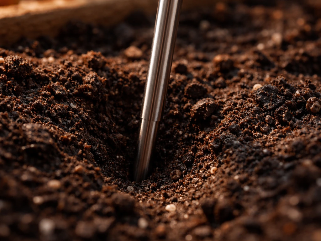 Soil thermometer inserted in warm planting soil, sunlit garden bed showing root-zone temperature