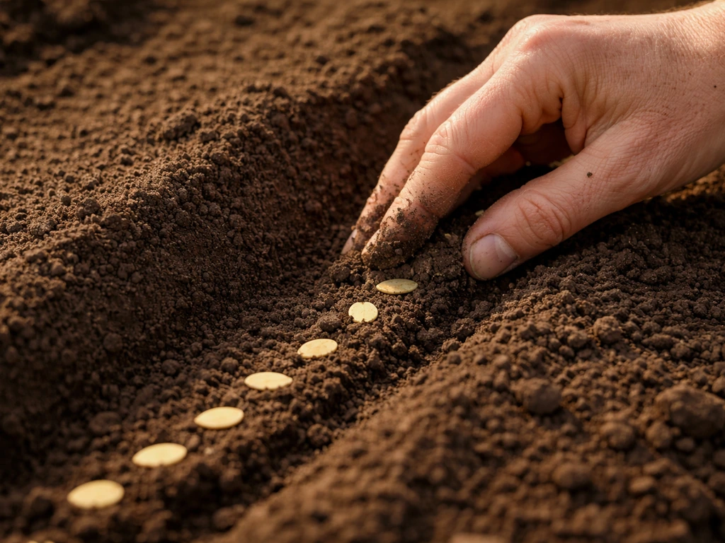 Gardener hand places butternut squash seeds in a prepared garden row, then covers them with soil.