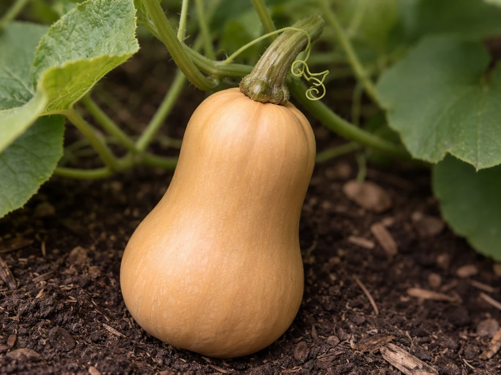 Tan, hardened butternut squash on the vine with stem and surrounding leaves in soft blur.