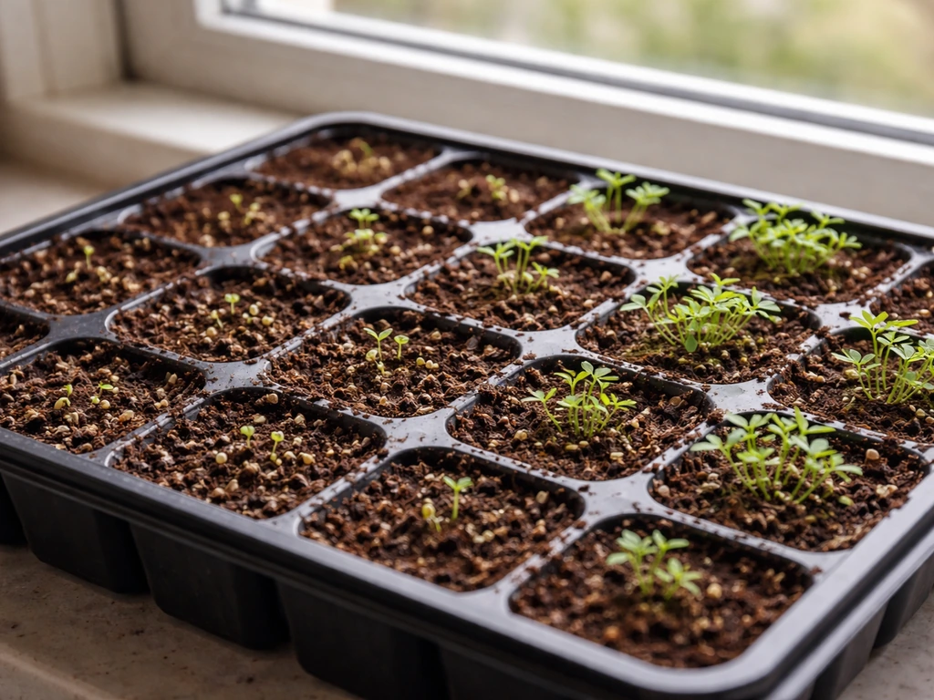 Citronella seedlings sprouting in a seed tray, showing growth from tiny seeds to small green plants.