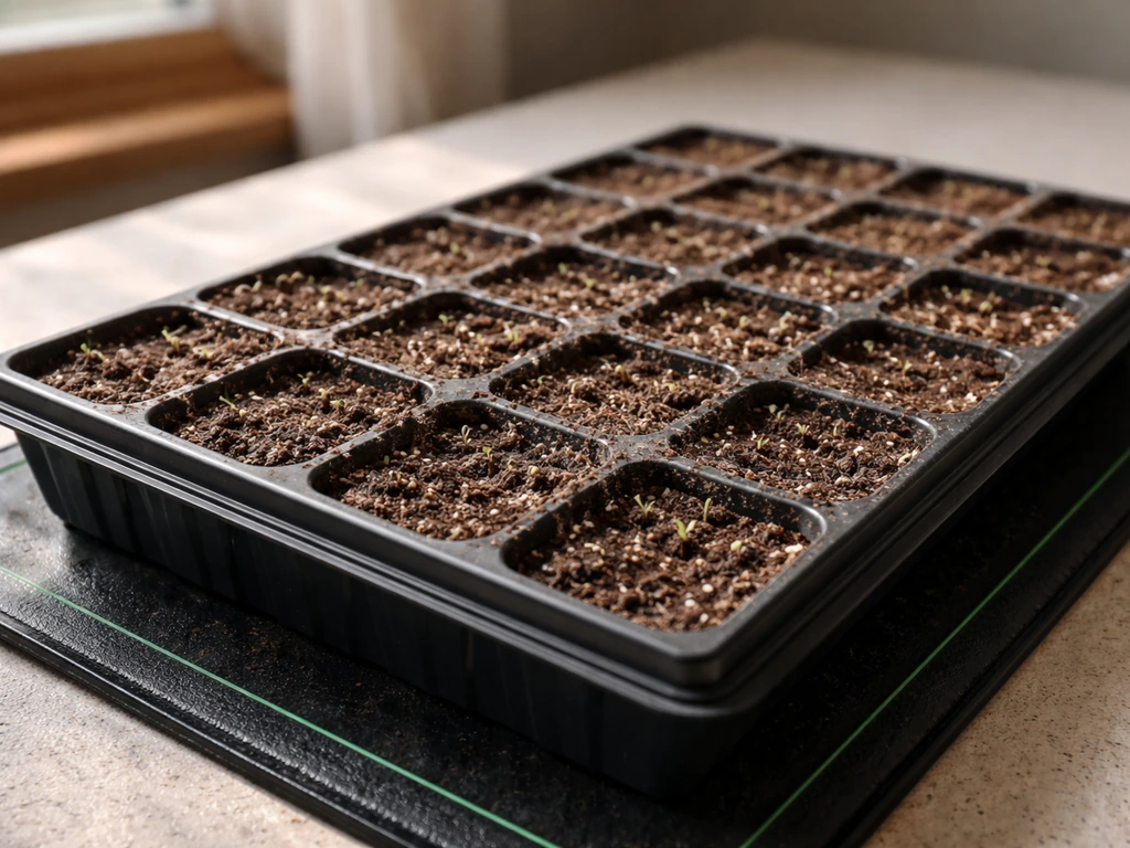 Seed-starting cell pack on a heat mat with seed-starting mix, ready for citronella germination