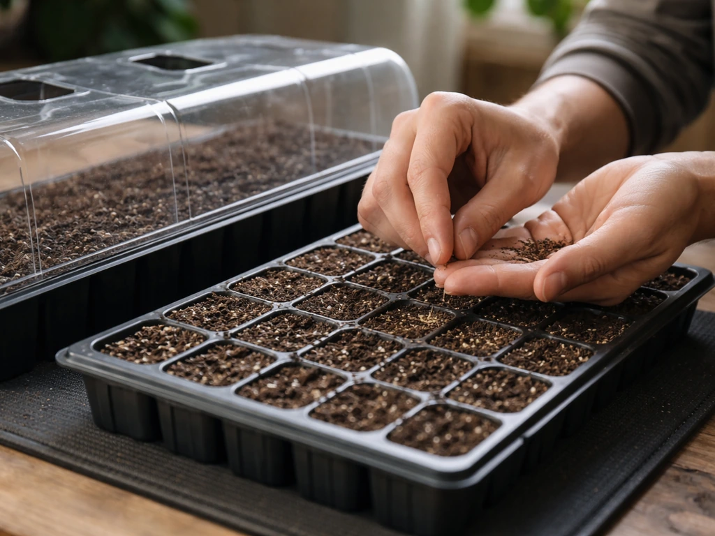 Hands sow citronella seeds in a small cell tray on a heat mat under a clear humidity dome.
