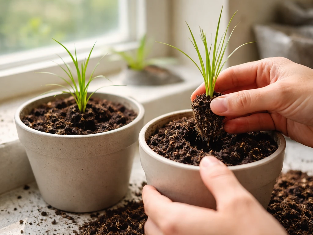 Healthy citronella seedlings with grass-like leaves being potted into small plant containers