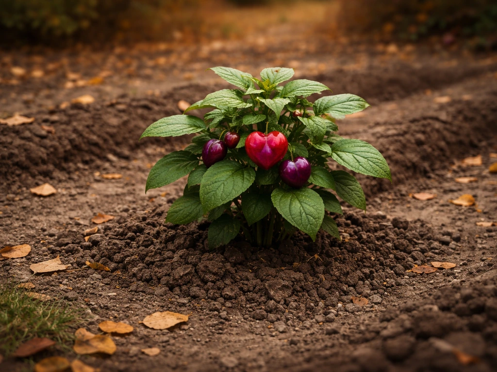 Rare Seed plant in a fall farm plot, with a Sweet Gem Berry bush ready for harvest in 24 days.