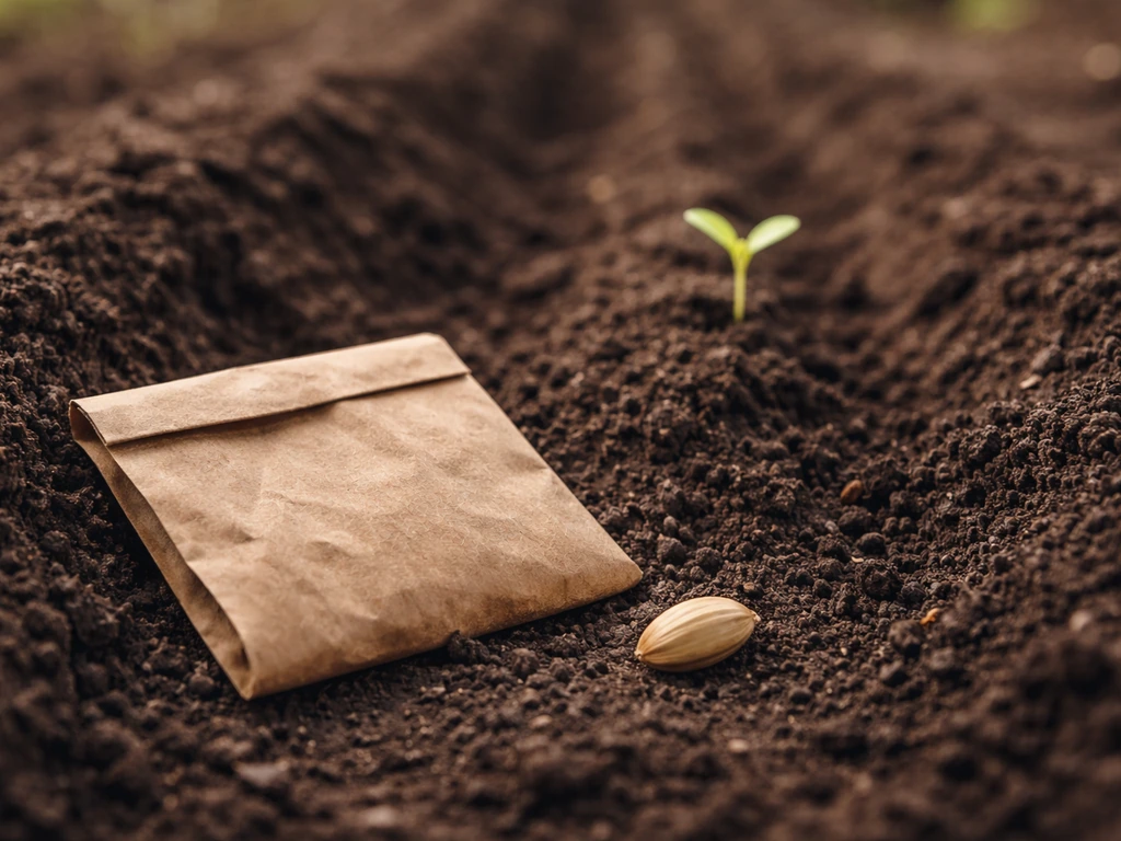Close-up of a small seed packet and a planted seedling in dark soil on a farm bed