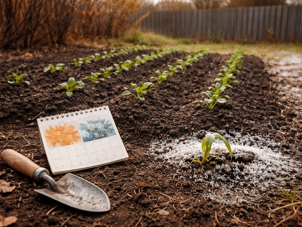 Fall seedlings in a garden bed as a calendar page shifts to winter and a frost-bitten sprout wilts.