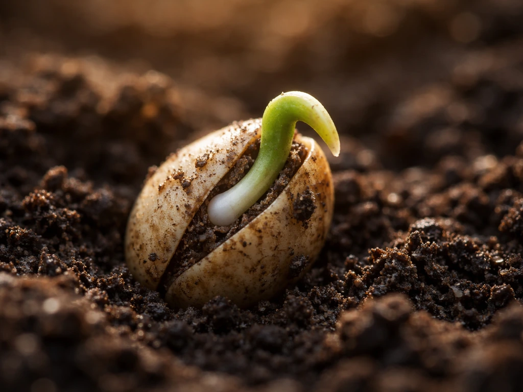 Cracked flower seed sprouting tiny root and green shoot from moist soil in close-up