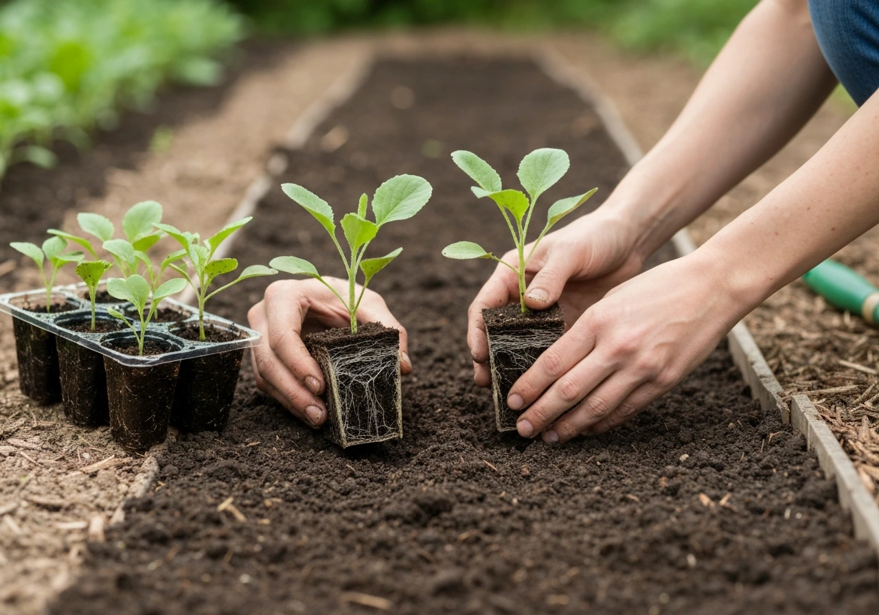 Gardener hands transplanting sturdy seedlings from cell pack into outdoor garden soil, root balls visible.