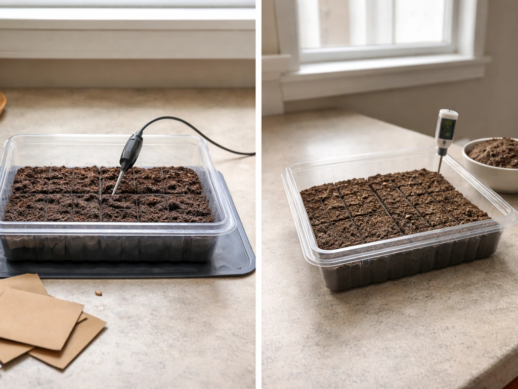 Side-by-side seed-starting trays showing one moist, warm setup and one cold, dry setup.