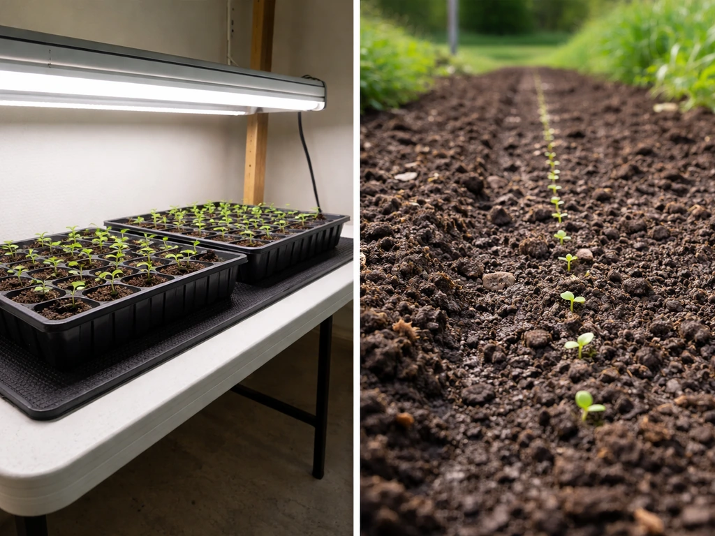 Split image: indoor seedling trays under grow lights vs outdoor soil beds with newly sown seeds.
