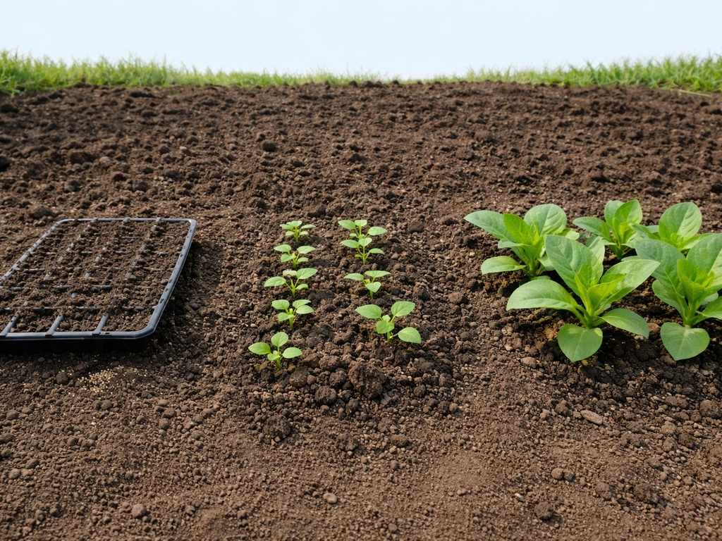 Left-to-right progression of tobacco seeds to seedlings to larger young plants in an outdoor seedbed.