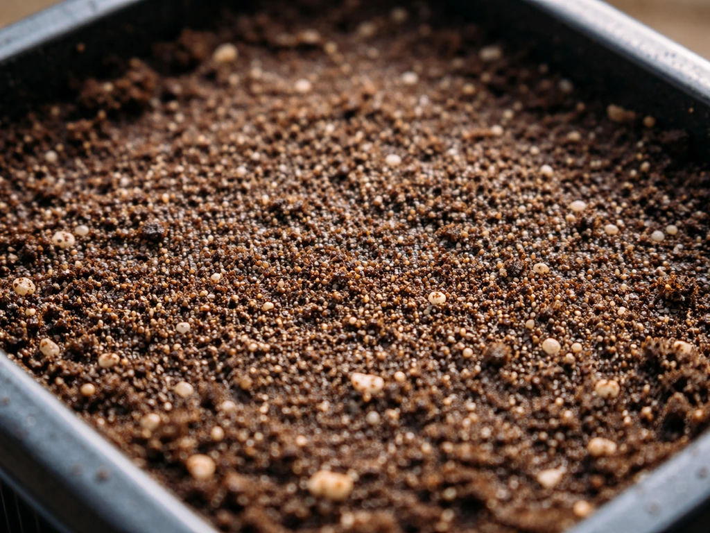Top-down closeup of dust-like tobacco seeds being lightly sprinkled on moist seed-starting mix under bright light