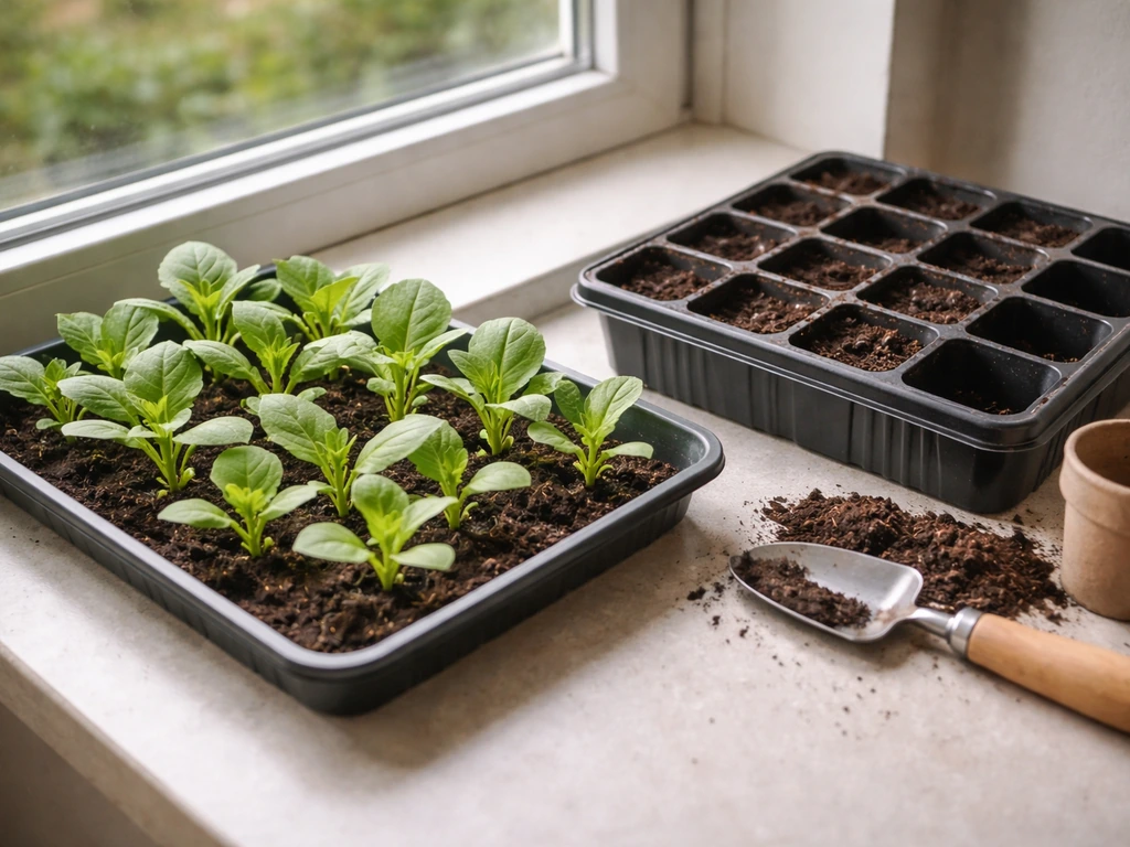 Tobacco seedlings in a tray beside small prepared pots, soil ready for transplanting indoors.