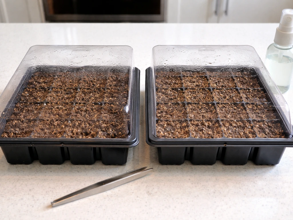Side-by-side seed trays showing slow/failed tobacco germination with buried seeds versus surface-sown seeds.