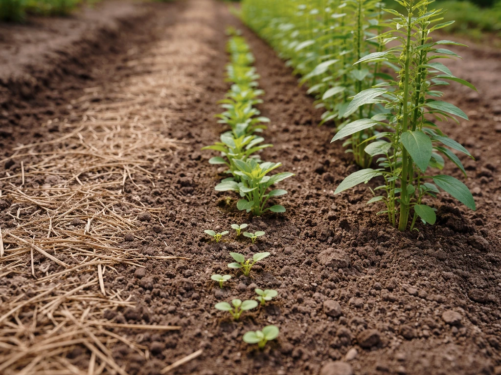 Garden bed showing sesame sprouts, young seedlings, and harvest-ready plants in one simple crop row