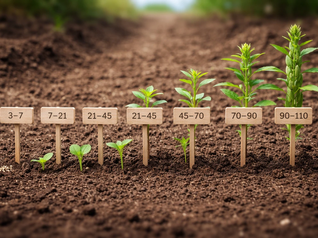 Minimal row showing sesame growth progression from seed to mature capsules with small stakes marking stages.