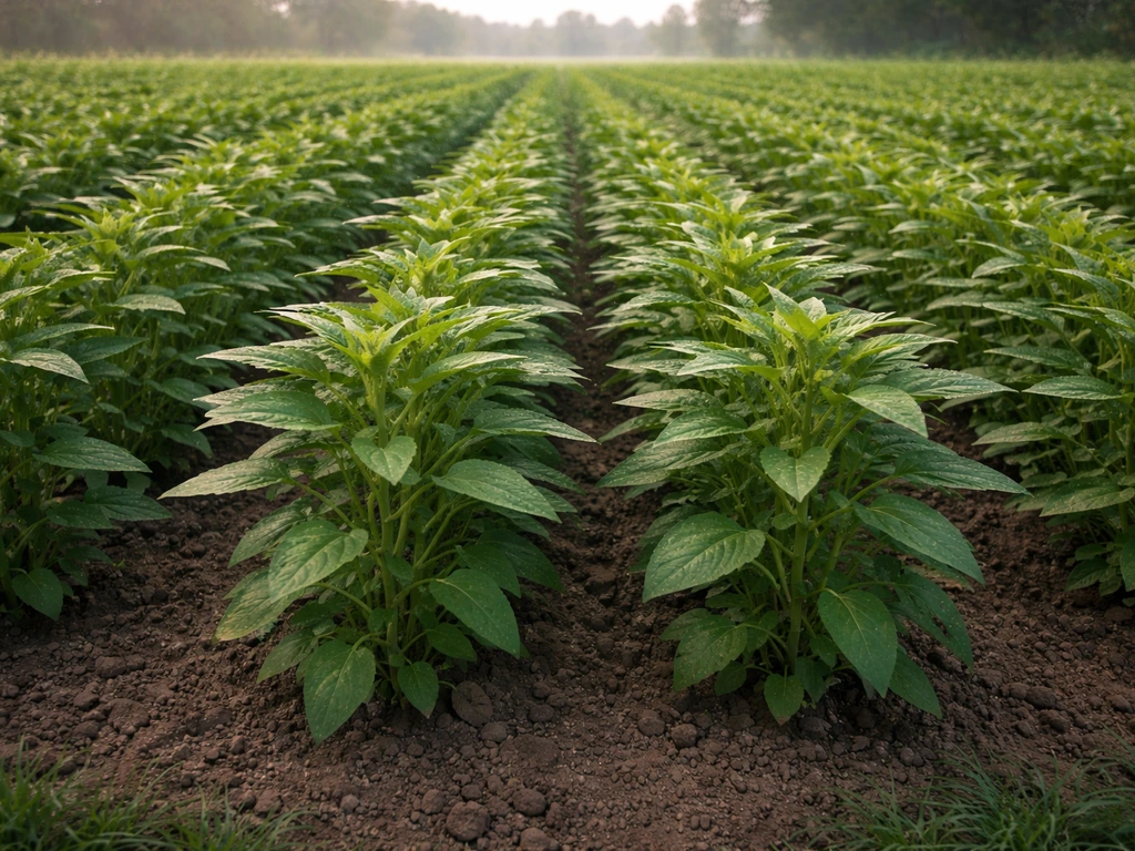 Sesame plants in a field at peak vegetative stage, sturdy stems and leafy canopy before flowering.
