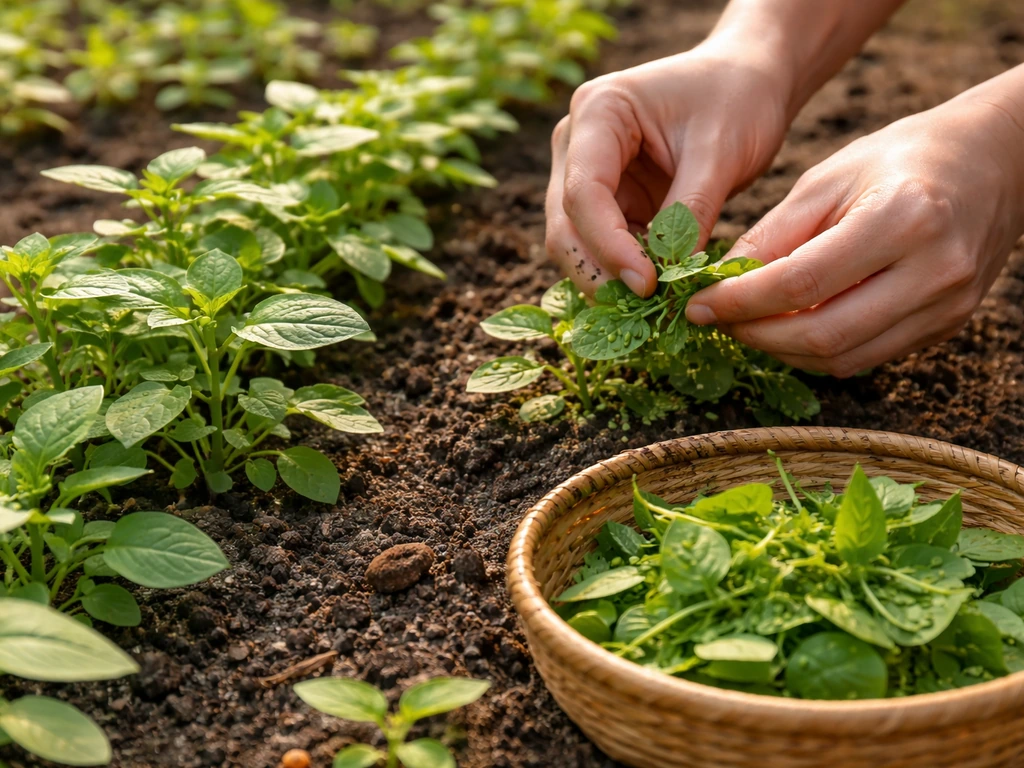 Hands picking fresh early sesame greens into a woven basket in a small garden bed.