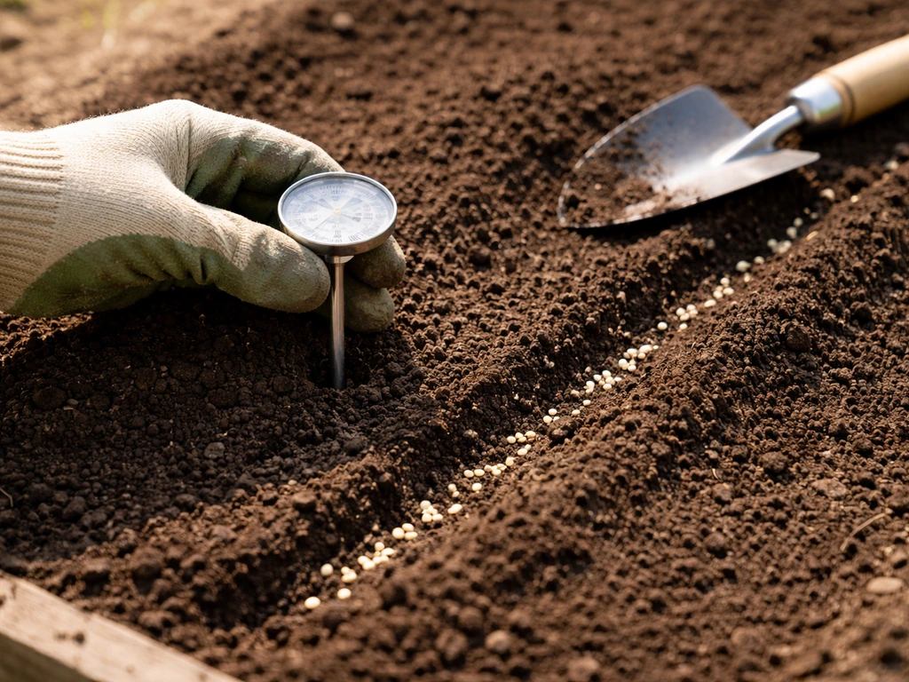 Gloved hand checking soil temperature in a prepared seedbed with sesame seeds ready to sow.
