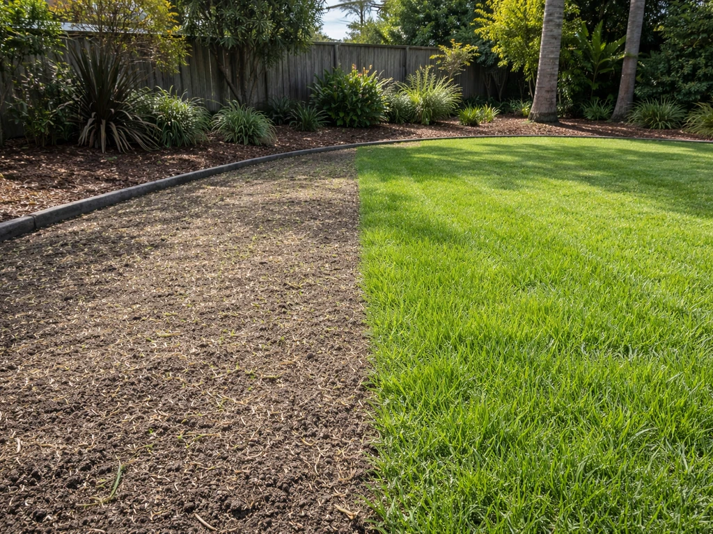 Sunlit backyard showing bare seeded strips next to young green grass filling in.