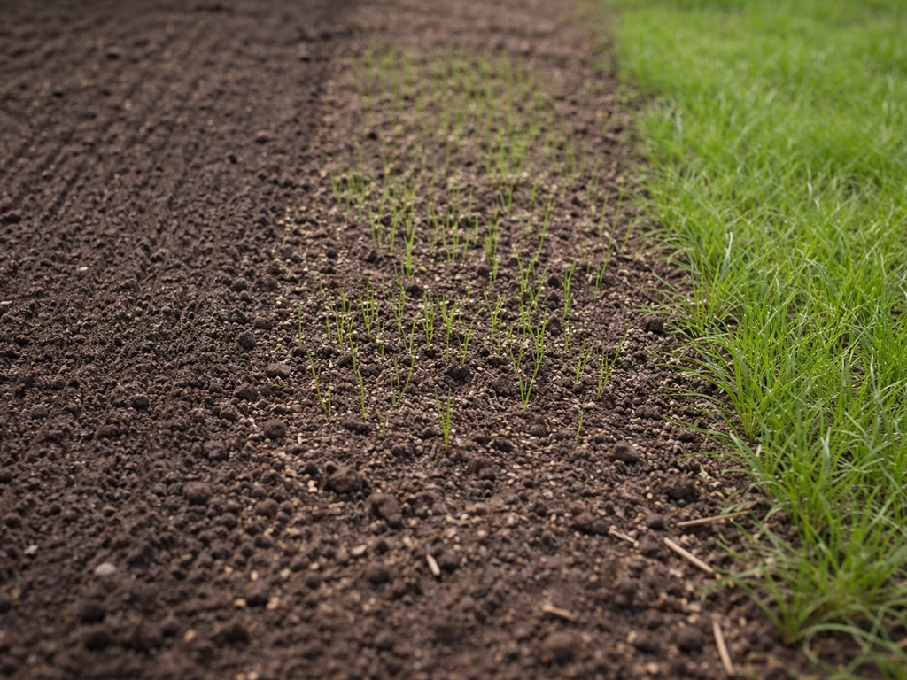 Backyard grass seedbed showing bare soil, first green sprouts, and early thin lawn growth.