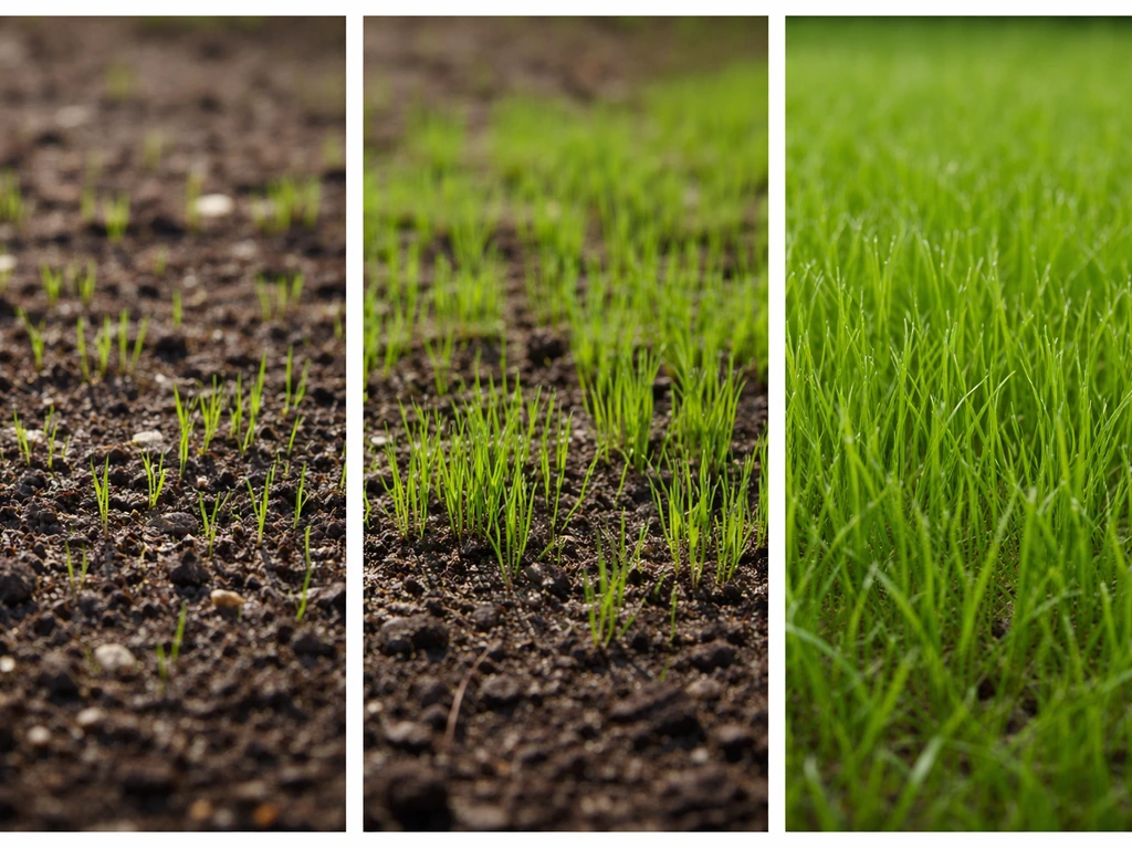 Three close-up steps of new lawn growth: sprouts, seedling clumps, and grass nearing first mow height.