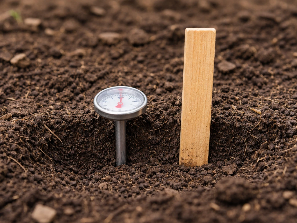 Close-up of a soil thermometer inserted in dark soil with a depth ruler beside it.