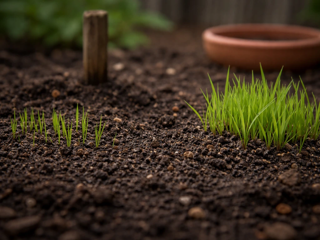 Close-up of fresh grass seedlings emerging from soil in Australia, with two simple lawn-care markers in background.