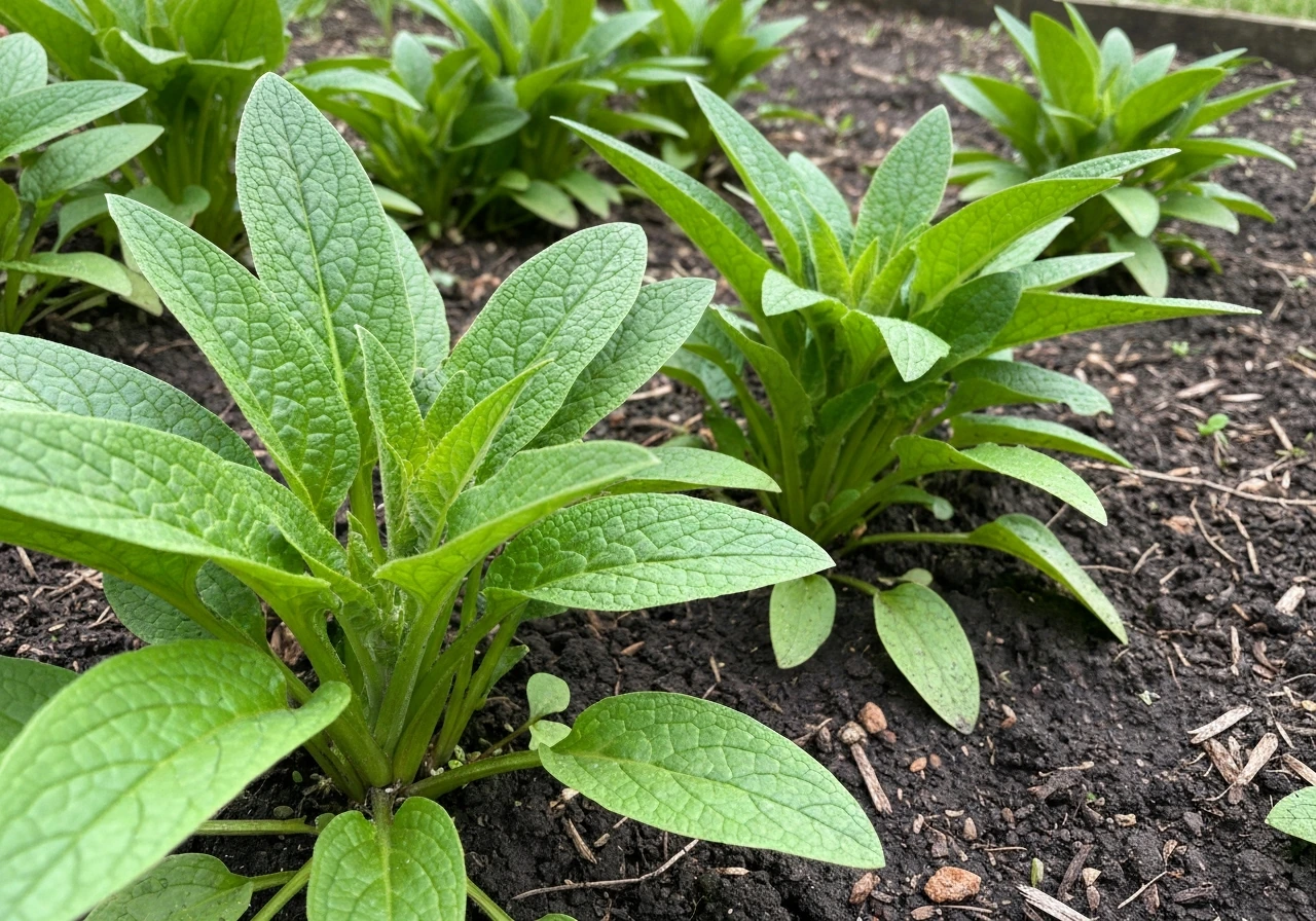 Lush comfrey plants in a garden bed with broad leaves, showing established growth stage