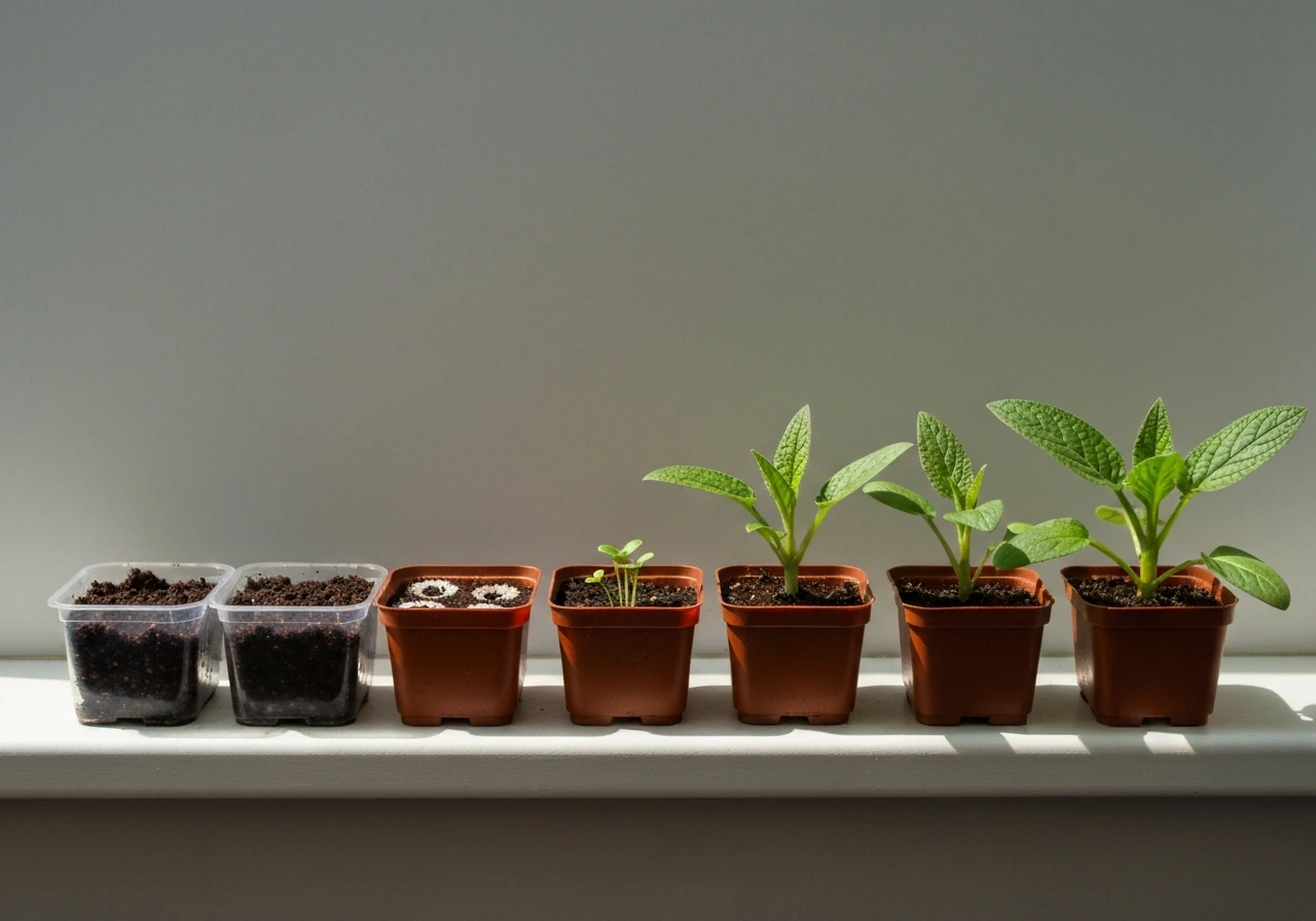 Row of comfrey seedling pots showing early to mature growth stages on a sunny windowsill.