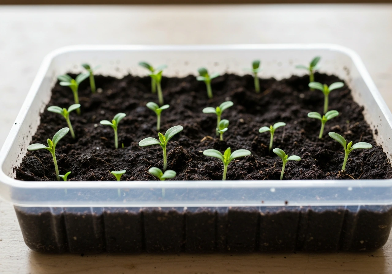 Young comfrey seedlings in a pot tray with 2–3 inch sprouts, soil and roots visible for thinning stage.