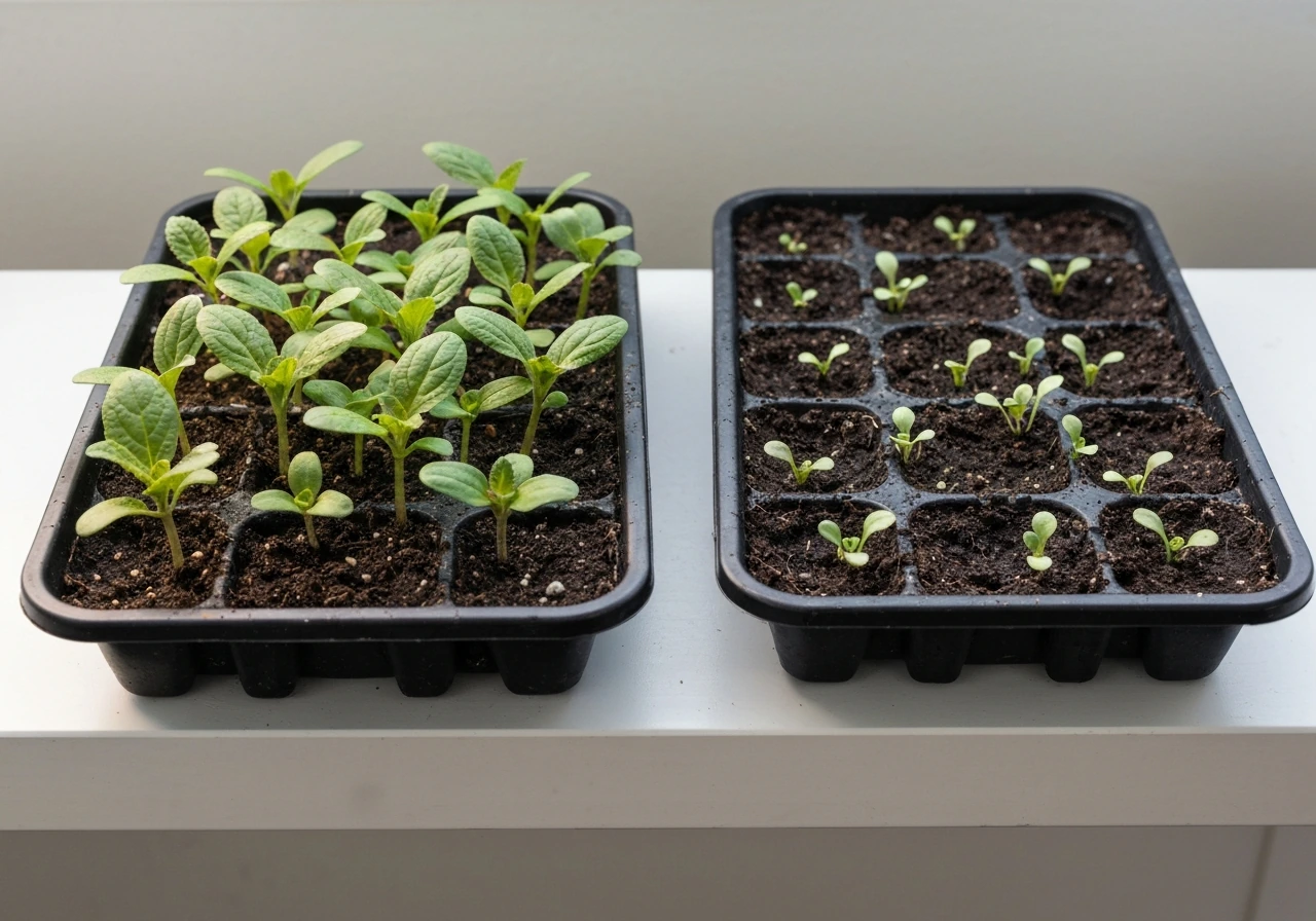 Two comfrey seedlings in simple soil trays: one thriving with warmth, one stunted from cold or poor stratification.