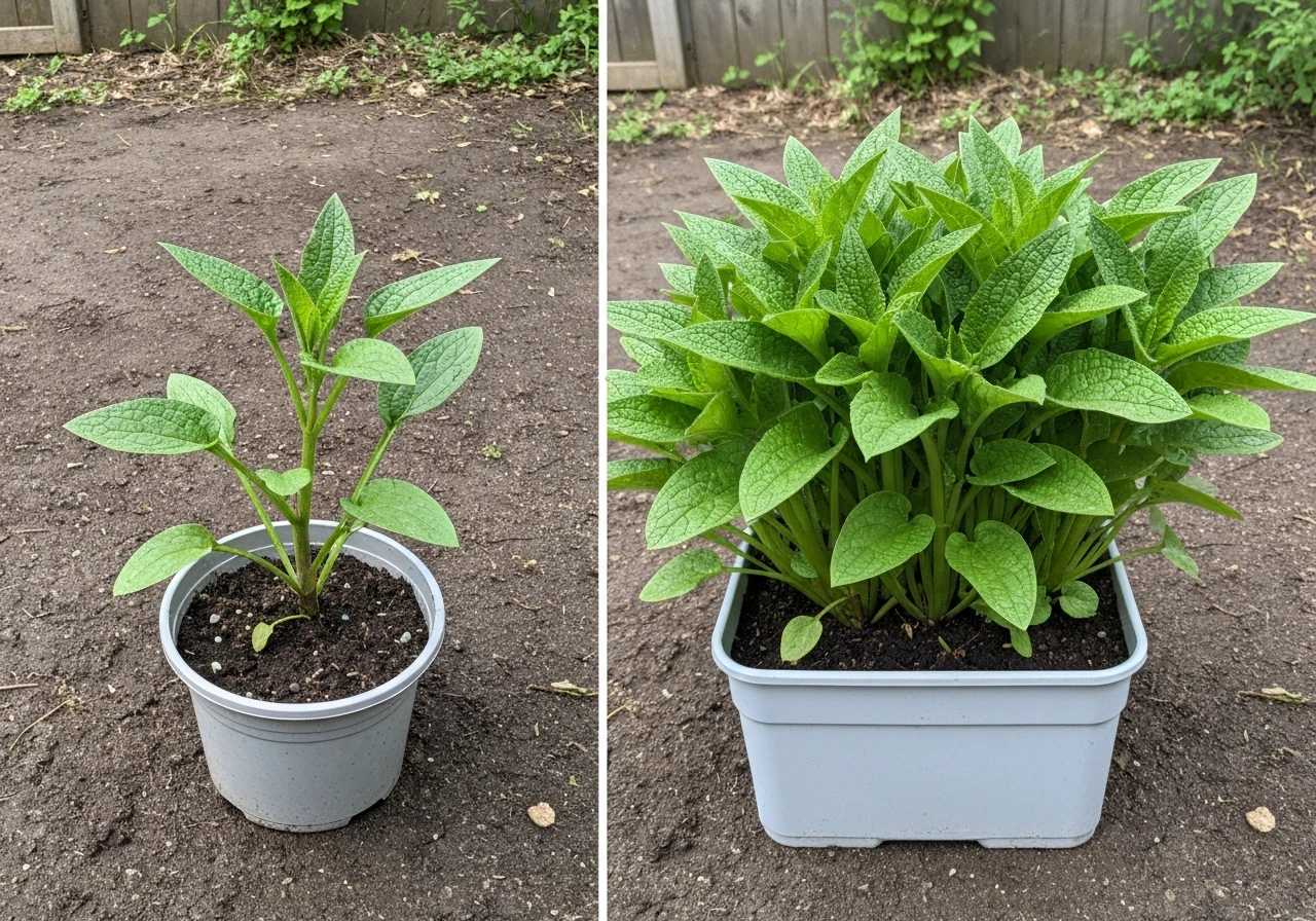 Side-by-side young year-one and mature year-two+ comfrey plants with different canopy sizes.
