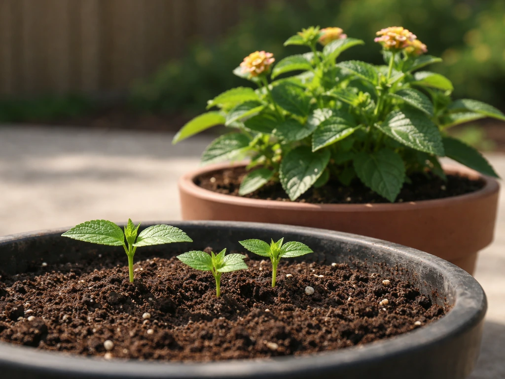 Vibrant lantana seedlings and a budding potted plant on a sunny patio, showing growth from sprout to near flowering.
